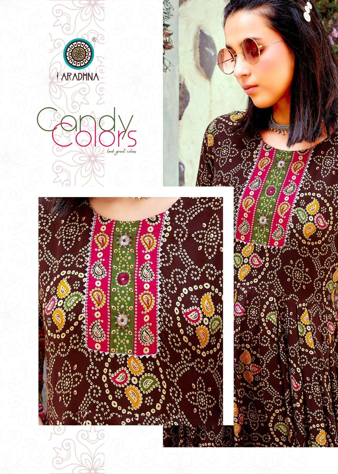 BANDHANI VOL 4 RAYON BANDHANI PRINT EMBROIDERY WORK LIVA TAG LONG GOWN KURTI BY ARADHNA BRAND 4005 C
